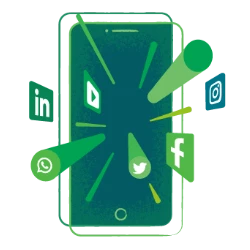 marketing banner green tablet with icons of social media icon