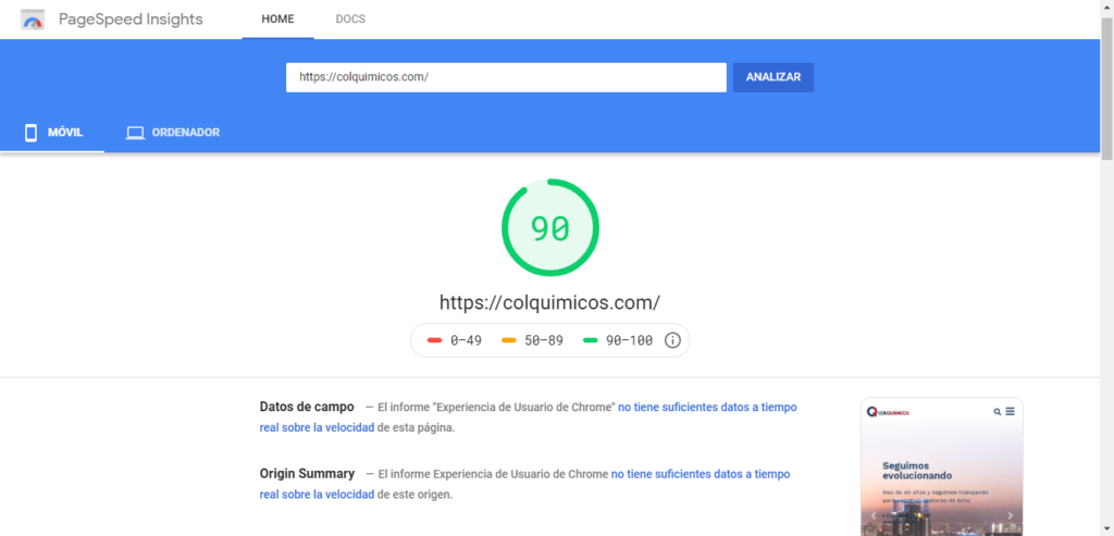 Performance Google page speed Colquímicos website