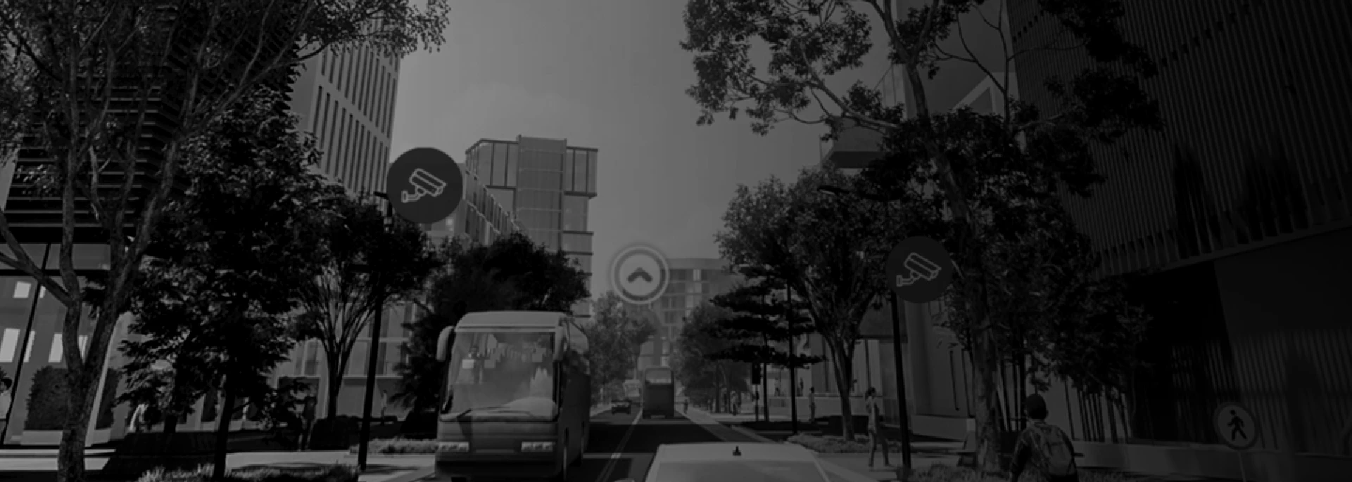 banner de hikvision paisaje urbano con edificios y autobuses