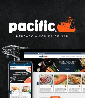 pacific home page displayed on a smartphone along with a seafood platter