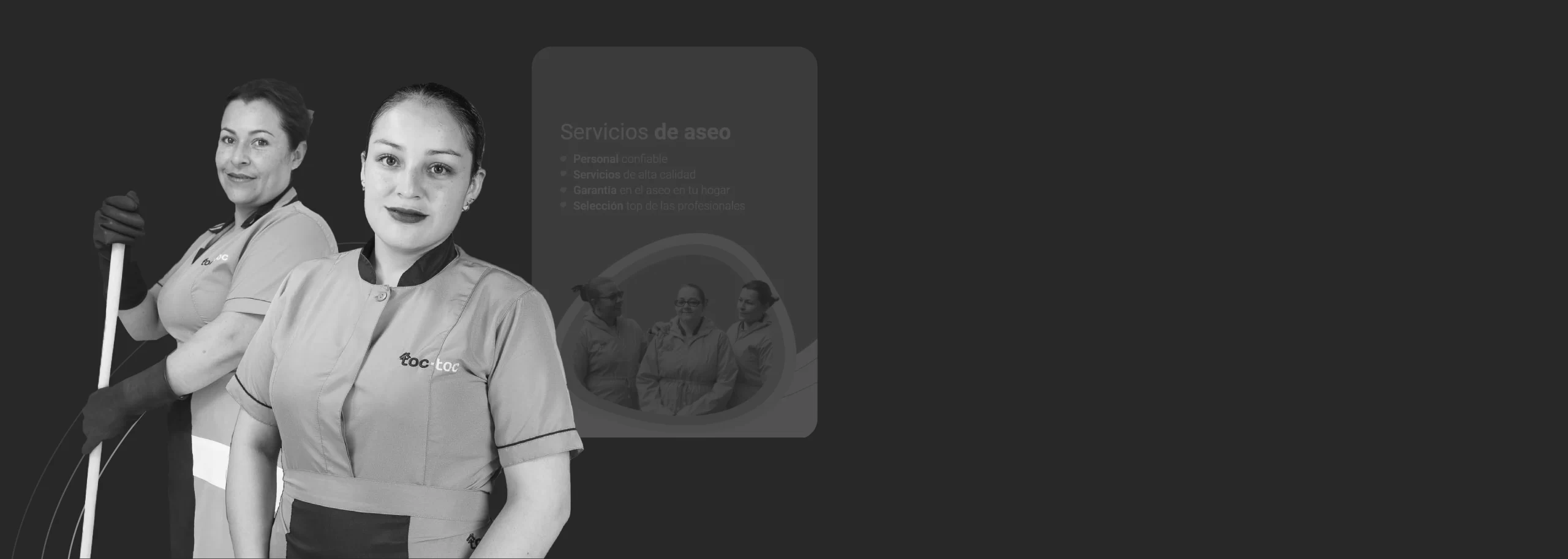cleaning service employees next to the toctoc homepage as seen from a tablet