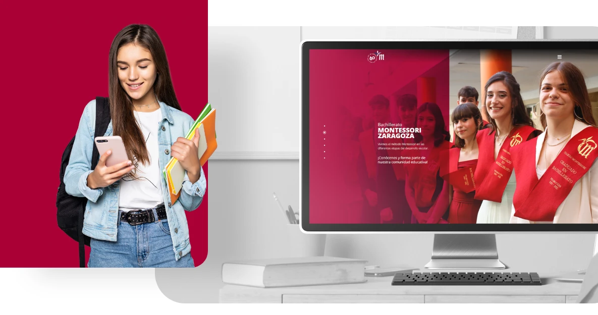 girl holding books along with the montessori school homepage as seen from a laptop