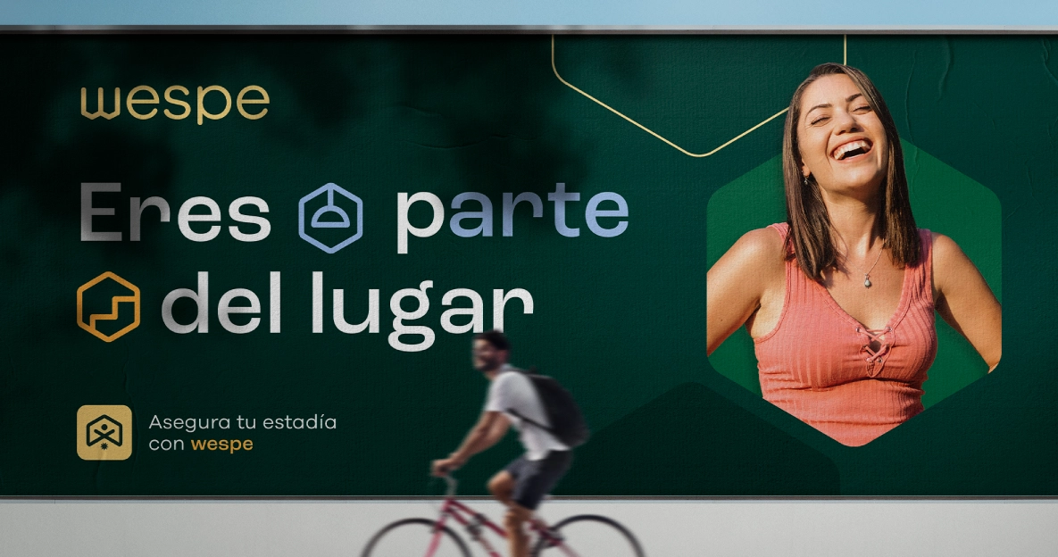 smiling woman next to wespe logo and a man riding a bicycle