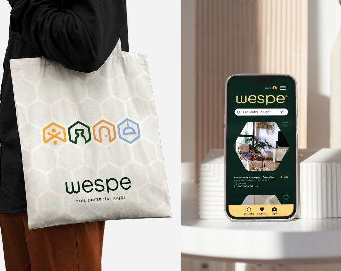 bolsa de compras con el logo de wespe junto a un celular que muestra la pagina web de wespe