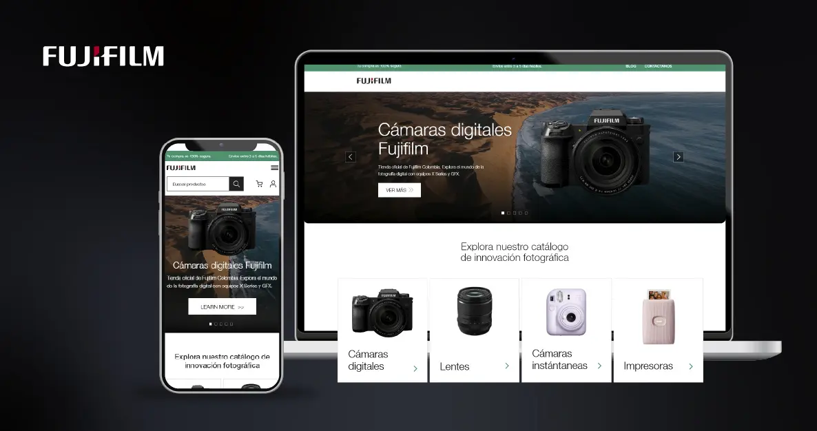 fuji main page seen from a computer and cell phone next to the fujifilm logo