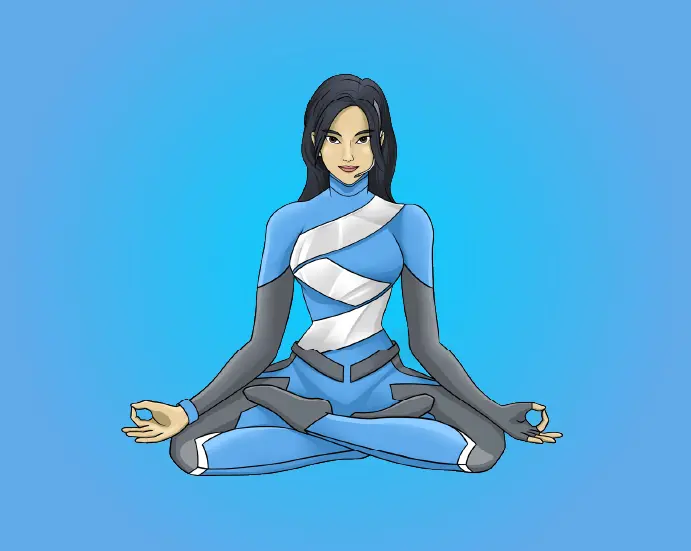 superheroina de segga en posicion de yoga