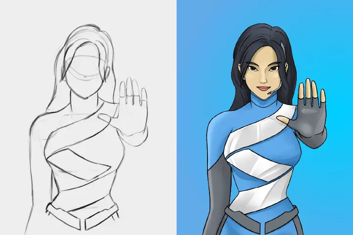 complete sketch and drawing of segga's super heroine