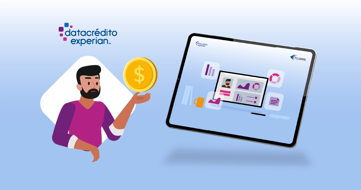 datacredito website viewed from a tablet with a man holding a coin