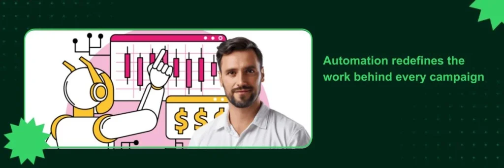 casually dressed man, behind him drawn metrics and a robot with bar metrics and a dollar sign