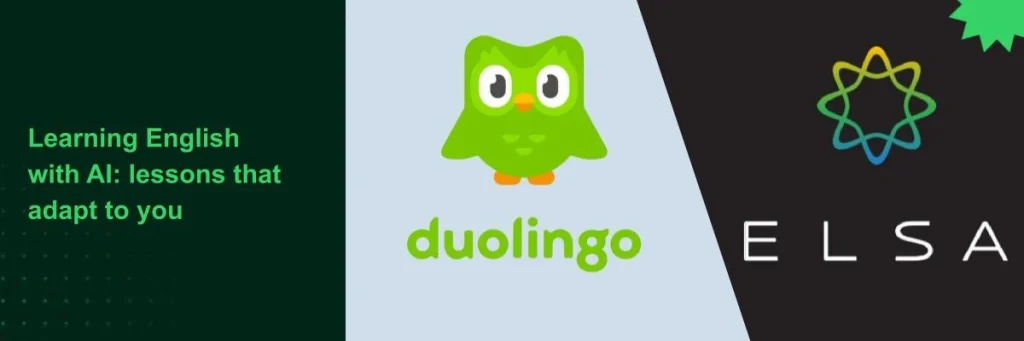 Duolingo owl and ELSA logo, two apps for learning English.